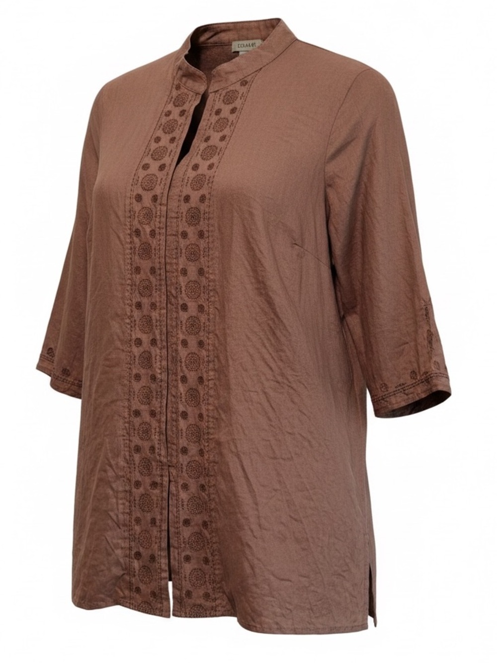 Kenar Woman Linen Boho Embroidered 3/4 Sleeve Brown Blouse Top Earthy Sz 1X